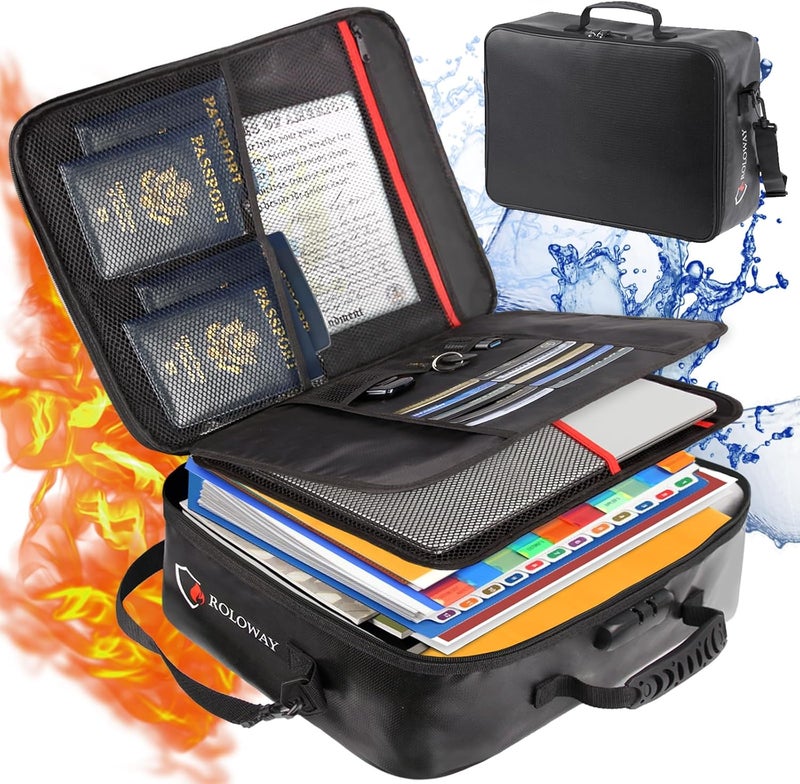 ROLOWAY Fireproof Document Bag with Lock (17 x 11.8 x 5 inch), Important Document Storage Bag with Multi-Layer File Organizers (Black) - Image 1